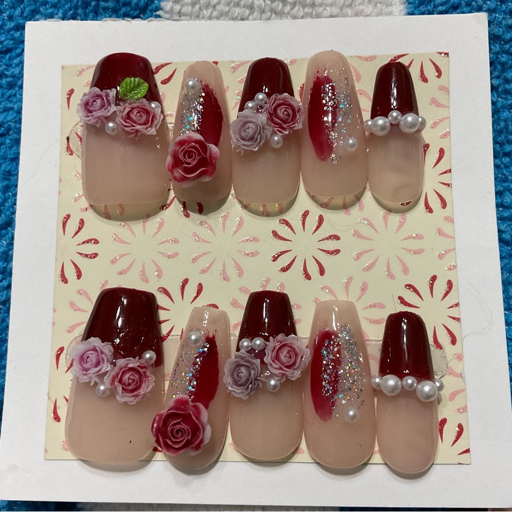 Enchanted Red & Pink Floral Press On Nails Set~Opposite of Violet Collection~#84